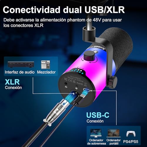 Aveek Dynamic USB/XLR Microphone with Arm for Gaming & Streaming | RGB Lighting, Noise Cancellation, One Touch Silence, Monitor Mix and Headphone Jack for PC & PS5
