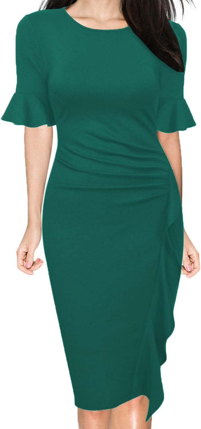 WOOSUNZE Women's Business Retro Ruffles Bell Sleeve Slim Cocktail Pencil Dress