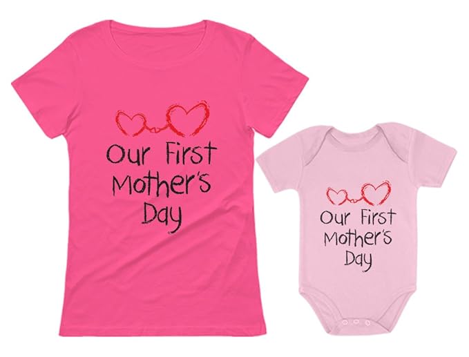 Our First Mother's Day Gift for Mom & Baby Matching Set Bodysuit & Women T-Shirt Mom Pink Medium/Baby Pink 12M (6-12M)