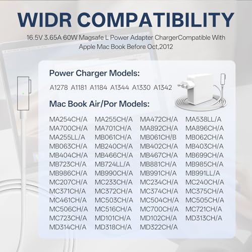 Replacement Charger Mac Book Pro, 60W L-Tip Charger, Portable Power Adapter for MacBook Air 13/15/17 Inch, Mid 2008-2012 Models A1172/A1181/A1184/A1278/A1330/A1342/A1344