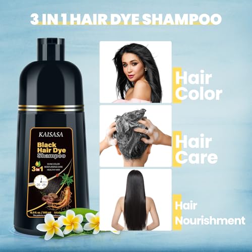 Black Hair Dye Shampoo 3 in 1, Natural Hair Dye Semi Permanent Color, Gray Hair Cover Up for Treated Color for Women and Men, 500ML