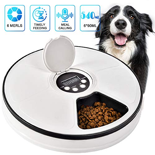 Pet Automatic Feeder Cats Dogs, Timed Feed 6 Meal Trays Dry Wet Food Dispenser with Voice Remind,LCD Smart Programmable Self Feeder Clock (Black)