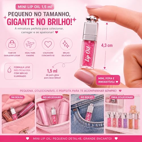 Kit Lip Gloss + Lip Balm + mini Lip Oil 3 em 1 Rosa | Brilho Labial com Glow Natural e Hidratação | Não Grudento | Aroma Frutado | À Prova D’Água