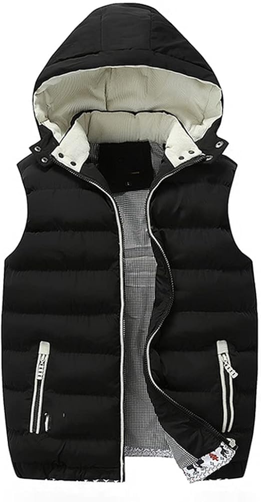 Men Winter Vests Hat Detachable Down Vest Casual Waistcoat Sleeveless