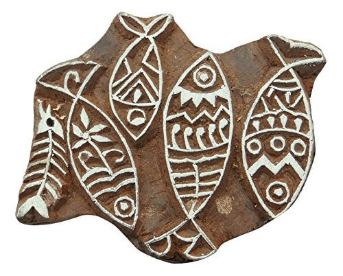 Fish Pattern Hand Carved Wood Printing Blocks Textile Stamp Wooden Brown Block - Thumbnail 5