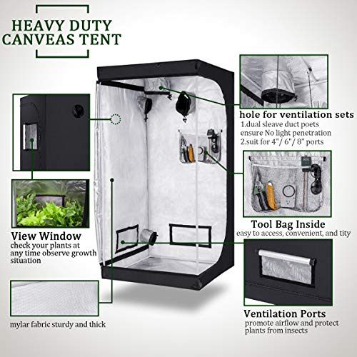 Growtent Garden 48"x24"x60" Reflective 600D Mylar Hydroponic Grow Tent with Observation Window and Floor Tray for Indoor Plant Growing and Grow Light 4'x2'