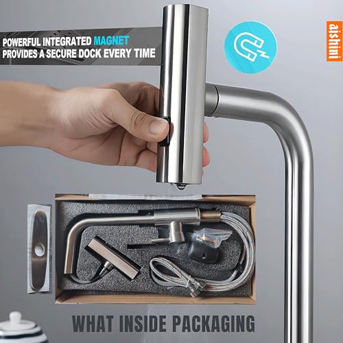 Aishini® Waterfall Kitchen Faucet, (SSV5) صنابير خلاط المطبخ with Pull Out Sprayer, 3 Spray Modes, Stainless Steel 304, High Pressure 360° Swivel Kitchen Sink Mixer, High Arc Single Hole Sink Tap