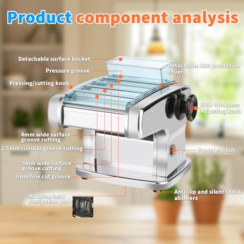 DOMINFLY Electric Pasta Maker, Automatic Noodle Machine Fresh Pasta Dough Roller Stainless Steel, 9 Thickness Settings, Perfect for Spaghetti,Fettuccini,Lasagna (Four knives)