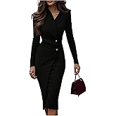 GORGLITTER Women's Wrap Fitted Midi Dress Elegant Classy Fall Long Sleeve Bodycon Cocktail Dinner Birthday Work Dresses