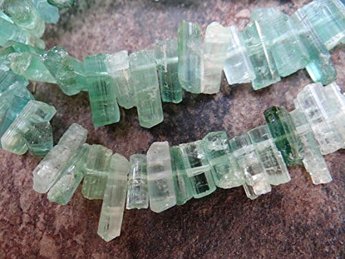 Raw Pastel Green Afghan Tourmaline | Top & Center Drilled Sticks Daggers | ~10x3-13.5x6.5mm | Sold in Sets of 9 Beads