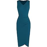 ZAFUL Womens Sleeveless Cocktail Dresses V Neck Party Midi Wedding Guest Dress Ruched Bodycon Work Office Dress