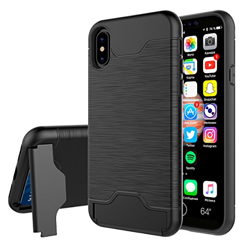 iPhone X Case, MOONMINI [Wallet Card Slot Holder] Dual Layer Hybrid Shockproof TPU Bumper Hard PC Slim Fit Full Protection Cover Shell with Kickstand for iPhone X (2017) Black