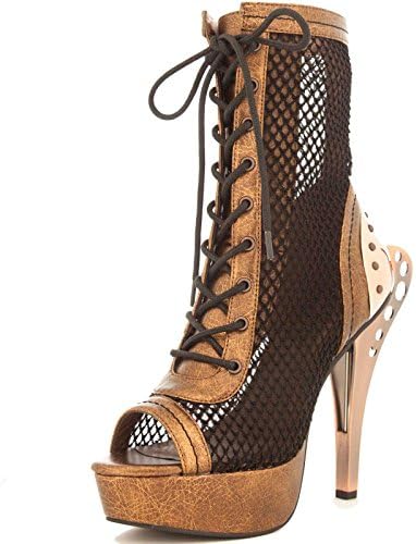 HADES Open Toe Platform Steampunk Ankle Boot Bronze Metal Heel SCARLET Brown-9
