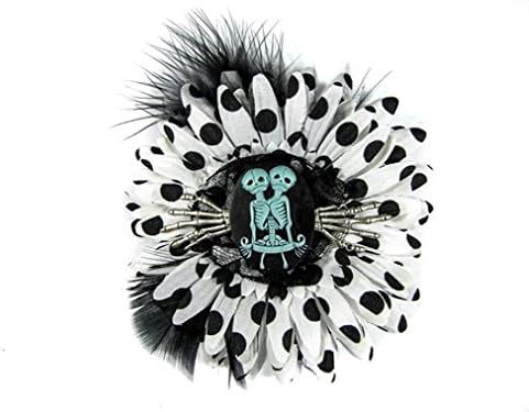 Nick's Bows White PolkaDot &amp; Black Feather w Blue Conjoined Twins Cameo &amp; Silver Hands Edgar Allen Poe Hair Clip
