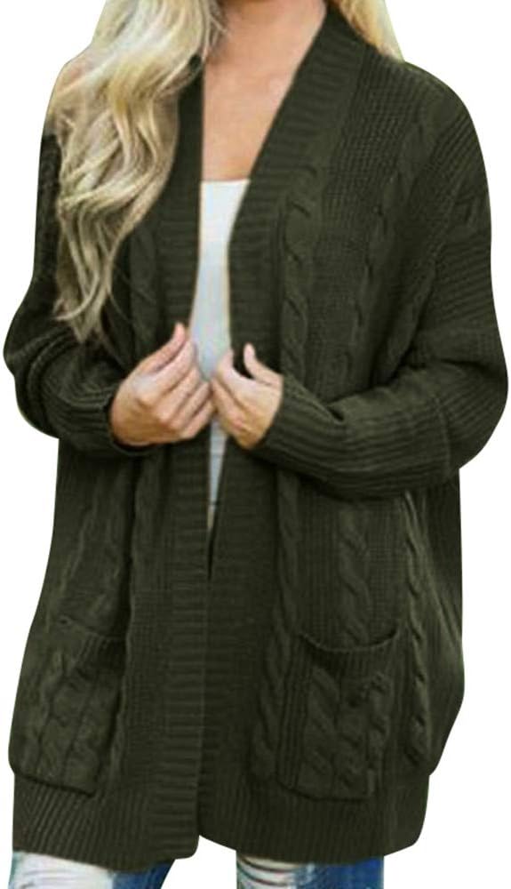 Pervobs Womens Knitted Cardigan Loose Solid Open Front Long Sleeve Pocket Sweater Coat Tops Blouse