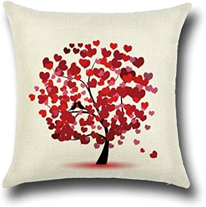 Rise World Pillowcase "The Love of Birds" Tree Linen Pillow Cushion Covers Standard Size, Red Heart Leaves