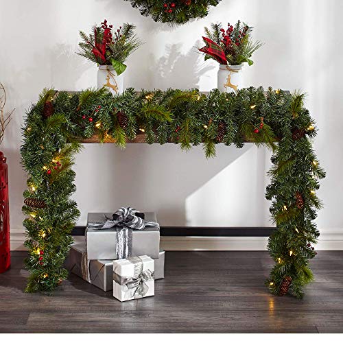 NOMA Prelit 9Ft LED Berry & Pinecone Christmas Garland with Battery Operated Lights 35 Warm