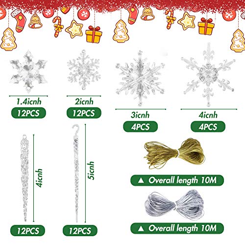 VGOODALL Christmas Snowflake Decorations, 56 PCS Icicles Ornaments Set Clear Snowflake Acrylic Christmas Ornaments for Christmas Tree Santa Outdoor Party Decoration Craft Projects