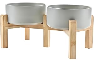SPUNKYJUNKY Elevated Dog Bowls Ceramic, 6.1'' Dogs and Cat Food Water Bowls Raised with Non-Slip Bamboo Stand for Medium Sized Breed Microwave Dishwasher Safe - 28.7 OZ,Grey