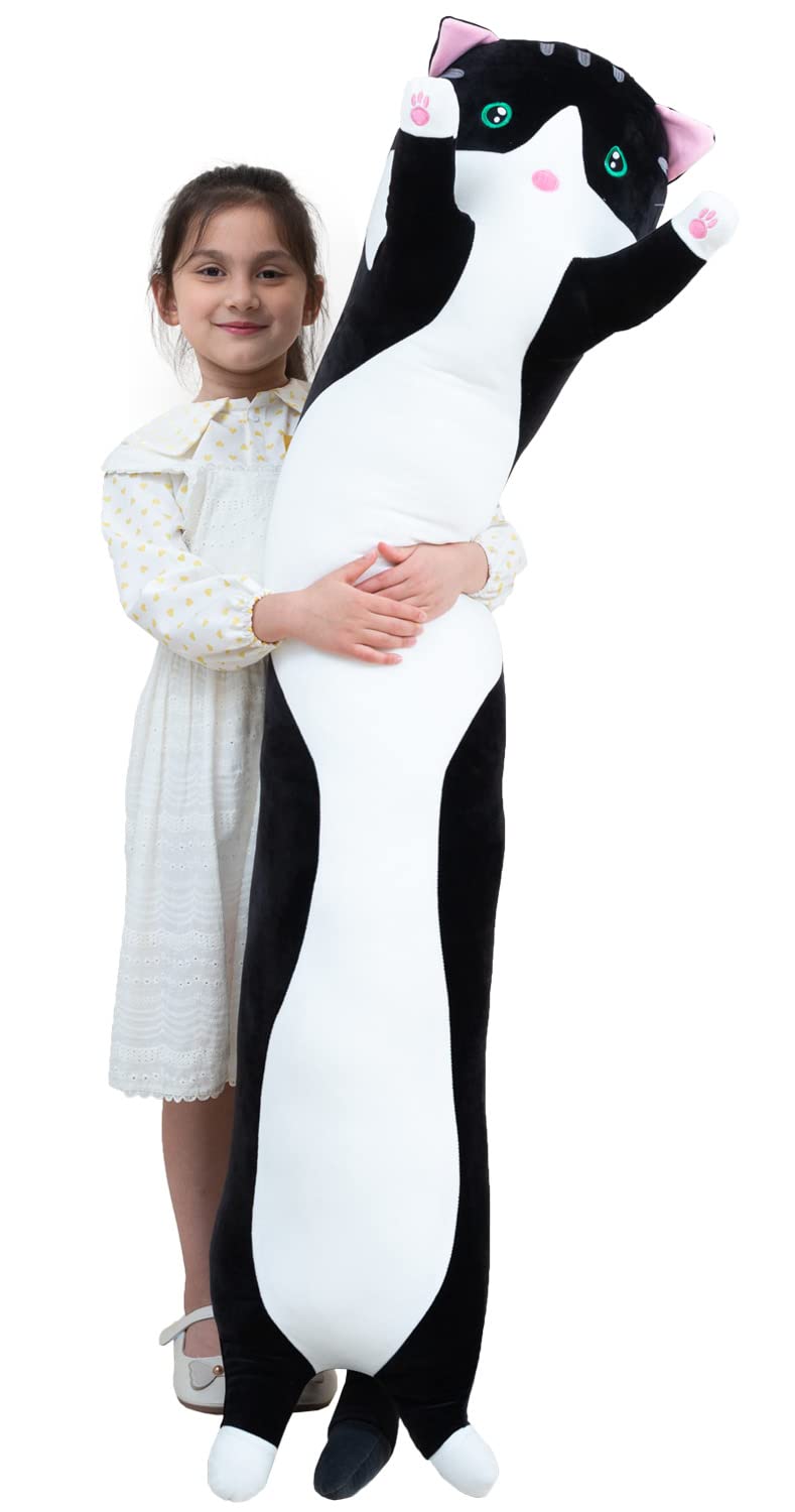 Kekeso Giant Cat Pillow Plush Cartoon Kitty Sleeping Hugging pillow, Cuddly Soft Long Kitten Body Pillow Doll Cat Toy for Kids Girlfriend (Black, 130cm/51.18inch)