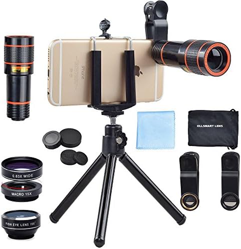Zoom Telephoto Lens Cell Phone Camera Lens Telephoto Lens kit 12X Zoom Telephoto Universal Clip On Lens Kit for iPhone + Fisheye +Wide Angle +Macro Lens +Phone Holder +Tripod for IPhone X/8/ 7 /6/6s