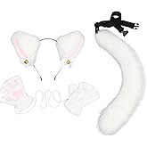 Merkaunis 4 Pcs Cat Cosplay Costume Set, Cat Ears and Paws, Fluffy Paw Gloves, White Cat Ears and Tail, Kitten Ears Headband Therian Fox Tail for Halloween Costume Accessories, Parties Gift