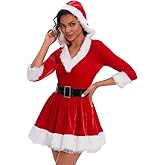 Love69Toys Womens Mrs. Claus Costume Christmas Santa Costume Velvet Dress & Santa Hat & Belt, Red/Green