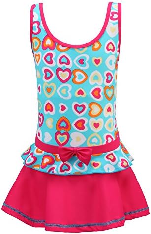 Chrysea Girls One-Piece Swimsuit colorful Heart-Shaped Patterns Printed Swimwear (8-9 Years, Blue and Rose Red)