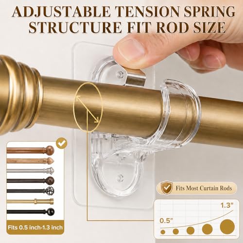 Wosyoodo 4 Ganchos para Cortinas Sin Taladrar con Tornillos - Soporte Invisible Transparente para Barra de Cortina (Hasta 20 lb), para Barra Ø 1.5-3.3 cm, Ideal para Cortinas y Toallas