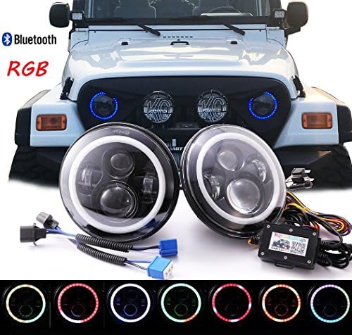 Otps 7 inch LED RGB Headlight 7” Round Headlamp Assemblies with Amber Turn Signal Halo Rings for Jeep Wrangler TJ CJ JK Hummer H1 H2 Land Rover Controlled by Bluetooth