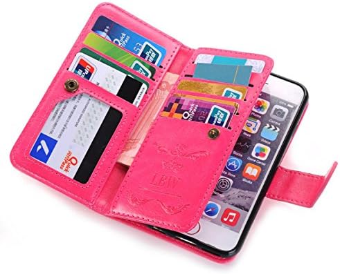 For iPhone 6/6s Plus Case, LIBERWILL Luxury PU Leather Detachable Wallet Folio Flip Case Cover With Credit Card Slots Holder and Strap for iPhone 6/6s Plus 5.5 Inch (Hot Pink) (Rose)