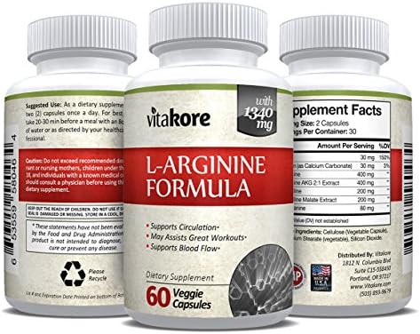 Vitakore L-Arginine Supplement (60 Capsules) Nitric Oxide Booster &amp; Citrulline Blend | Fortify Oxygen Circulation, Blood Flow | Reduce Recovery Time, Increase Endurance