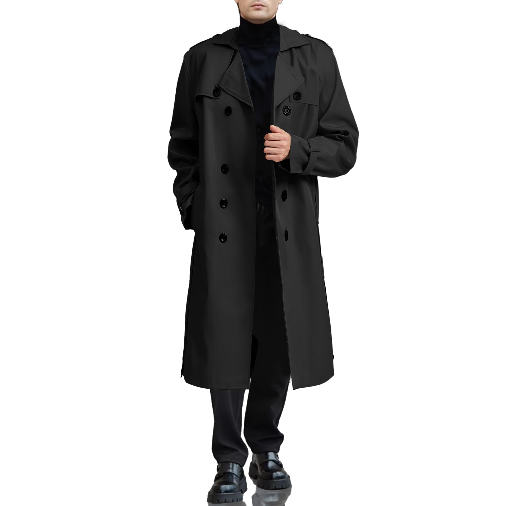 Photo 1 of Botten Men's Double-Breasted Trench Coat - Long Jacket Overcoat-Oversized Casual Windbreaker with Lapel-BLACK