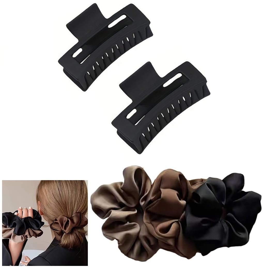 2 BLACK Hair CLAW CLIPS & 3 SATIN Hair SCRUNCHIES HAIR TIES, Ponytail HAIR BOBBLES, Hair BANDS, Large CLAW CLIPS (2 BLACK Claws & 3 SATIN Scrunchies)