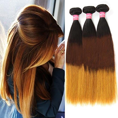 Angels Beauty Ombre Straight Bundles Unprocessed 8A Brazilian 3 Tone Ombre Silky Straight Bundles Virgin Human Hair Weave Weft Extensions Black to Blonde 1b/4/27 Color（10 12 14）