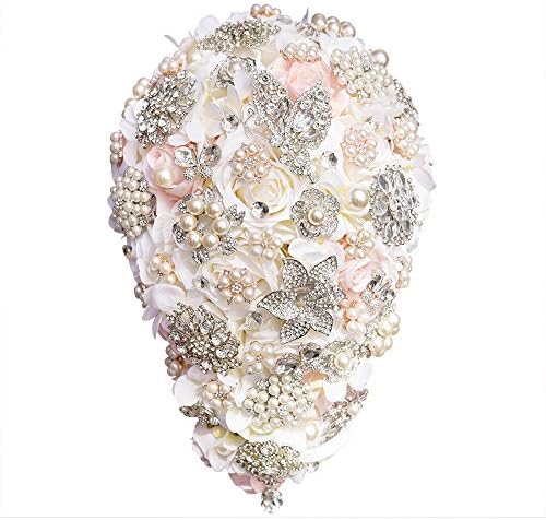 KUPARK Teardrop-shaped Bridal Wedding Bouquet Artificial Roses Flower Decor Rhinestones Brooch Bridal Wedding Bouquets