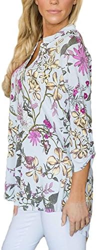 YUZHONGYWAN Women Split V Neck Cuffed Sleeve Floral Print Blouses White XL