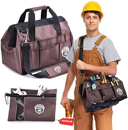 Perfect Access Tool Storage Bag Set – Wide Mouth Organizer Toolbag Makes Tool Retrieval &amp; Storage a Breeze – 14-Inch Close Top Carrying Bag w/Shoulder Strap – BONUS Tool Pouch – by We Love to Drive