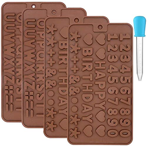 4 Set Silicone Chocolate Letter Mold and Number Moulds Tray with Plastic Dropper for Soap Making Candy Cake Decorating DIY Baking Alphabet Happy Birthday Symbol Stencils