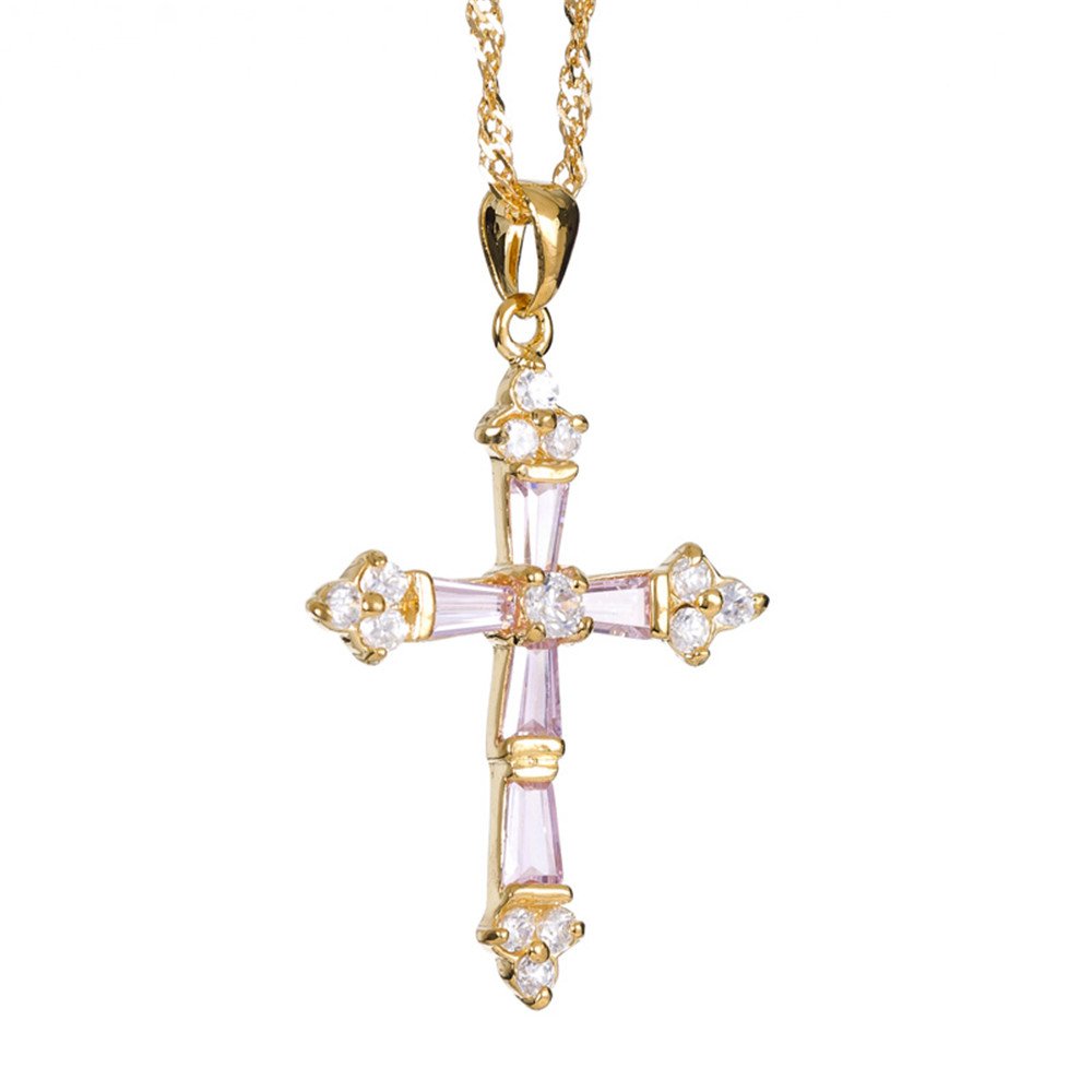 RIZILIA Crucifix Cross Pendant with 45cm(18") Chain & Trapezoid Cut Gemstones CZ [Pink Sapphire] in 18K Yellow Gold Plated, Simple Modern Elegance