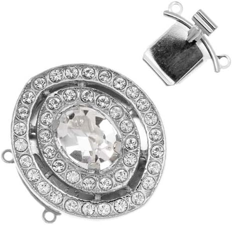 Elegant Elements Rhodium Plated 2-Strand Box Clasp - Terraced Oval With Crystals - 27x26.5mm