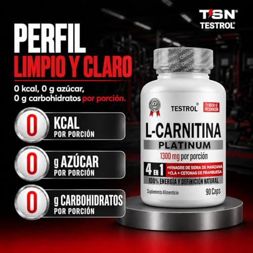 L Carnitina, Platinum 1300mg por porción | 4 en 1 | Carnitina Tartrato, Vinagre de Manzana Organico, Cla y Cetonas de Frambuesa | Pre Workout | Para Hombres y Mujeres, Testrol L-Carnitina 90 Cápsulas