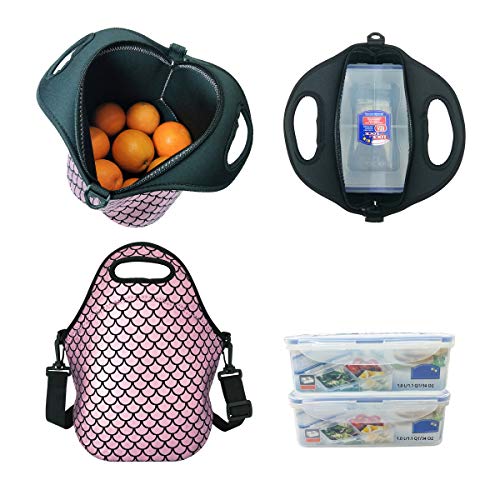 Insulated Lunch Bag, Neoprene Shoulder Lunch Tote Boxes Bags for Women Men Kids Work Office Outdoor Picnic Travel, Mermaid Scale (Pink) - Thumbnail 3