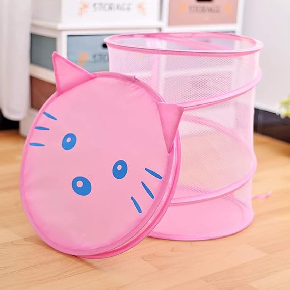 BASKET Cestas para la ropa, gato rosa Cesta de ropa sucia de dibujos