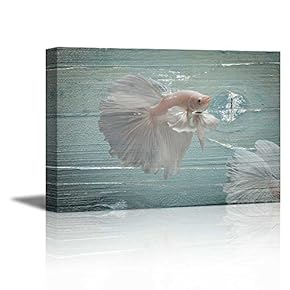 Canvas Prints Wall Art - White Golden Fish on Vintage Wood Background Rustic Home Decoration - 12" x 18"