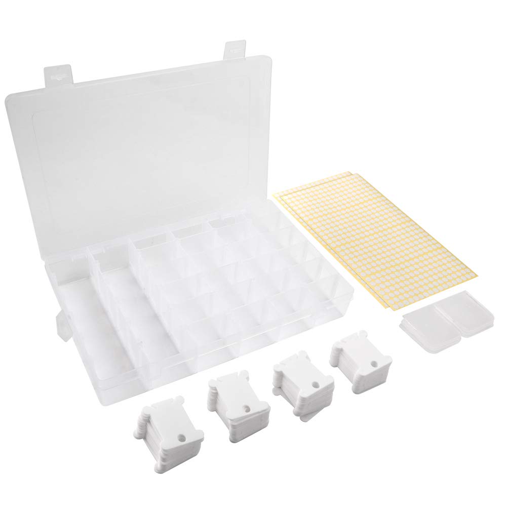 Embroidery Floss Cross Stitch Organizer Box Set,120Pcs White Plastic Floss Thread Bobbins with 36 Grid Plastic Storage Box and 476 Pcs Dots Blank Stickers for Craft DIY Sewing Storage