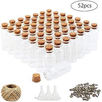 HEHALI 52pcs 5ml Cork Stoppers Glass Jars Mini Glass Bottles Glass Jars Favors with 50pcs Eye Screws 30 Meters Twine 3pcs Funnel