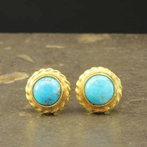 Natural Turquoise Stud Earrings 925 Solid Sterling Silver 24K Yellow Gold Vermeil