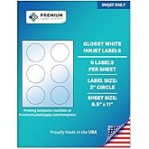Premium Label Supply Glossy White Sticker Round Labels – 3" Circle – (6 per Sheet) (Glossy White for Inkjet Only, 60 Labels)