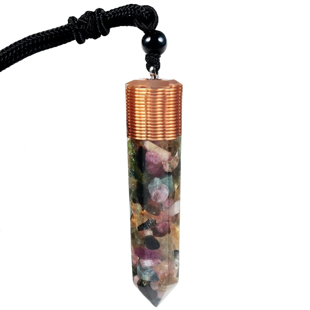 KYEYGWO Healing Orgone Crystal Point Necklace for Unisex Hexagonal Quartz Chip Stones Pendant Single Point Crystal Wand Amulet for Meditation and Yoga